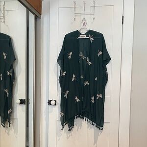 #39, Dark Green Dragonfly Kimono Cover-Up with Tassel Hem